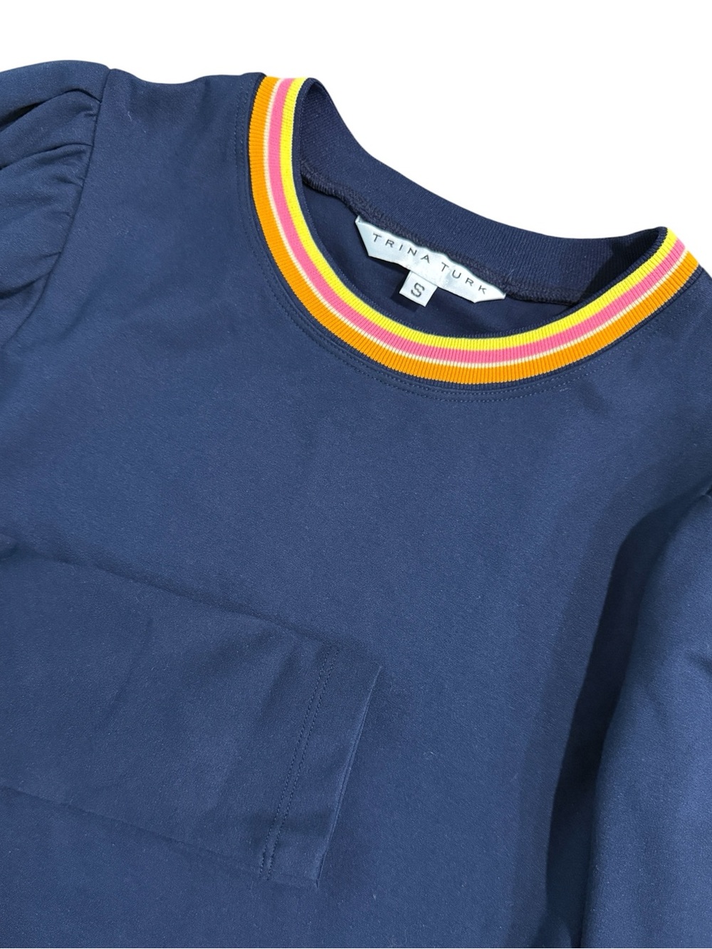 Trina Turk Navy Puff Sleeve Striped Crewneck Longsleeve Knit Top Womens Size Sm